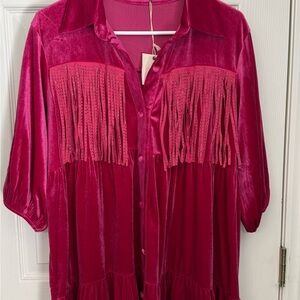 Fringe-Trim Velvet Button-Down Shirt - Fuchsia